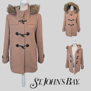St. John's  Bay Beige Toggle Pea Coat Faux Fur Hooded Coat Jacekt  Women Medium